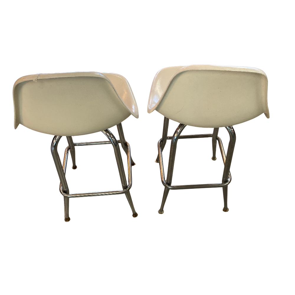 Pair of MCM White Fiberglass & Chrome Barstools