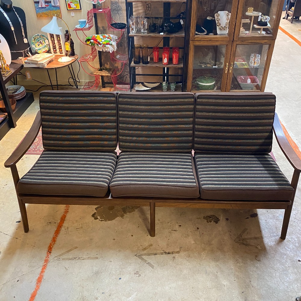 MCM Teak Sofa w/ Brown Stripe Cushions