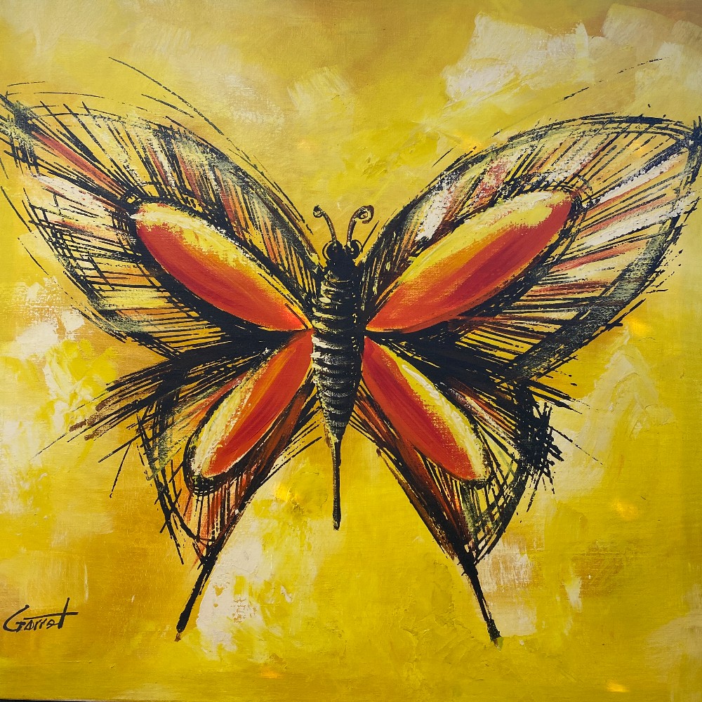 Butterfly on Yellow Canvas - Signed Garret