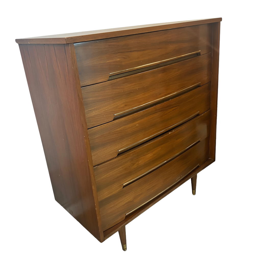 MCM Walnut 5-Drawer Highboy Dresser w/ Brass Accents