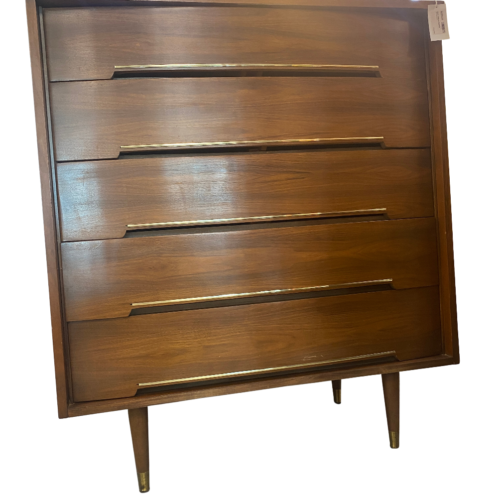MCM Walnut 5-Drawer Highboy Dresser w/ Brass Accents