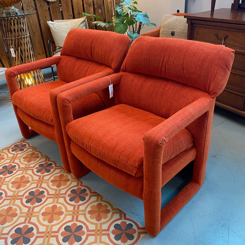Pair of Chairs-Milo Baughman Style Orange Lounge Chairs