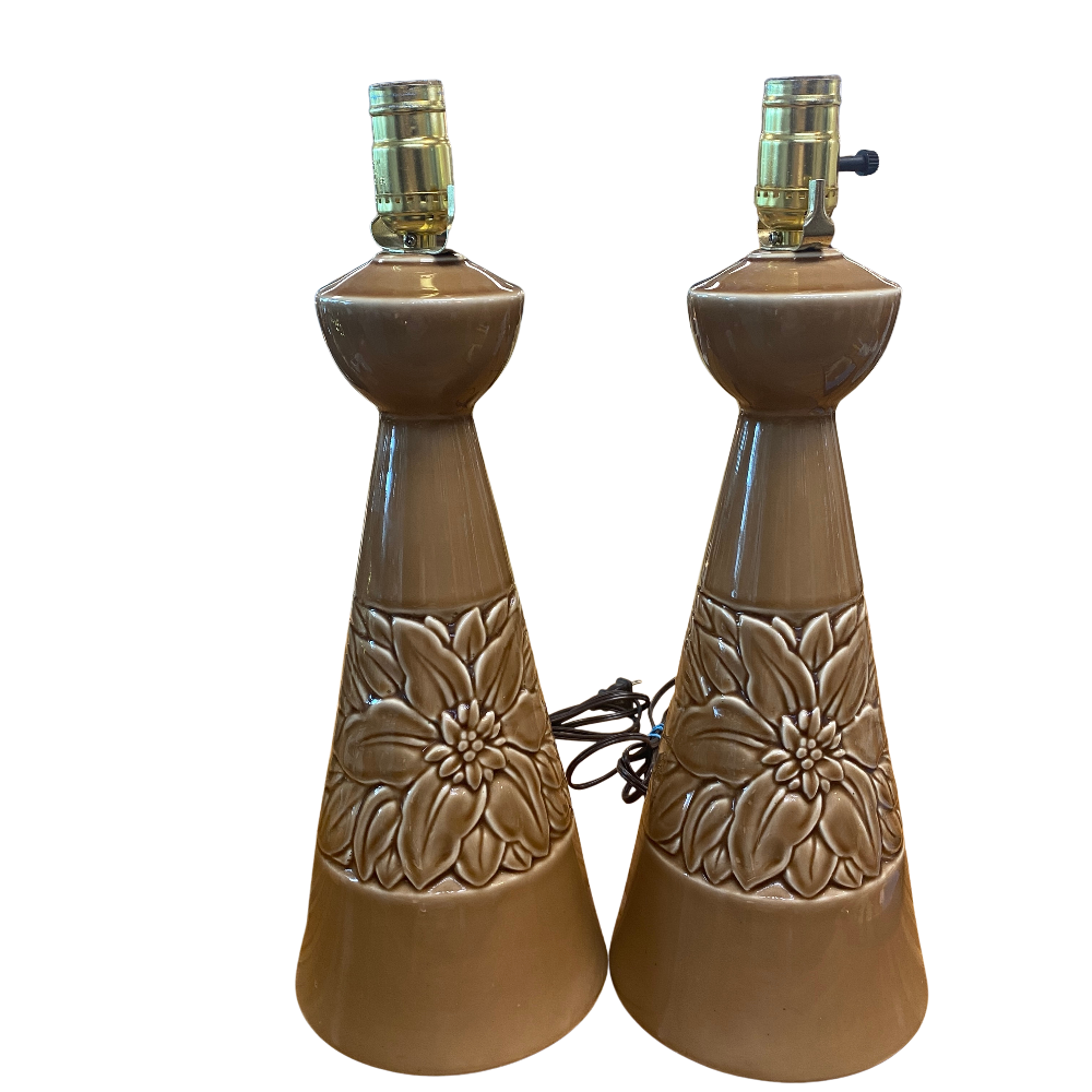 Pair of Tan Floral Ceramic Lamps ~ Rewired