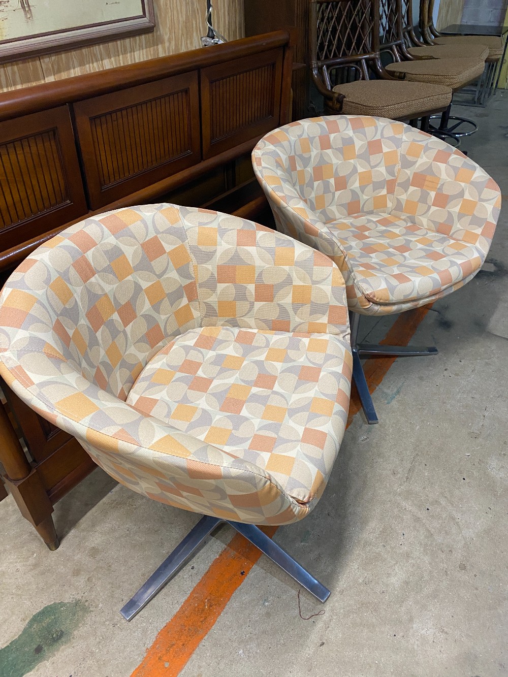 Pair Fun MCM Geometric Print Barrel Chairs