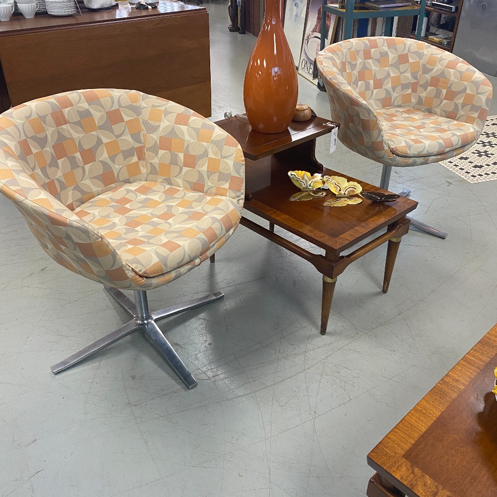 Pair Fun MCM Geometric Print Barrel Chairs