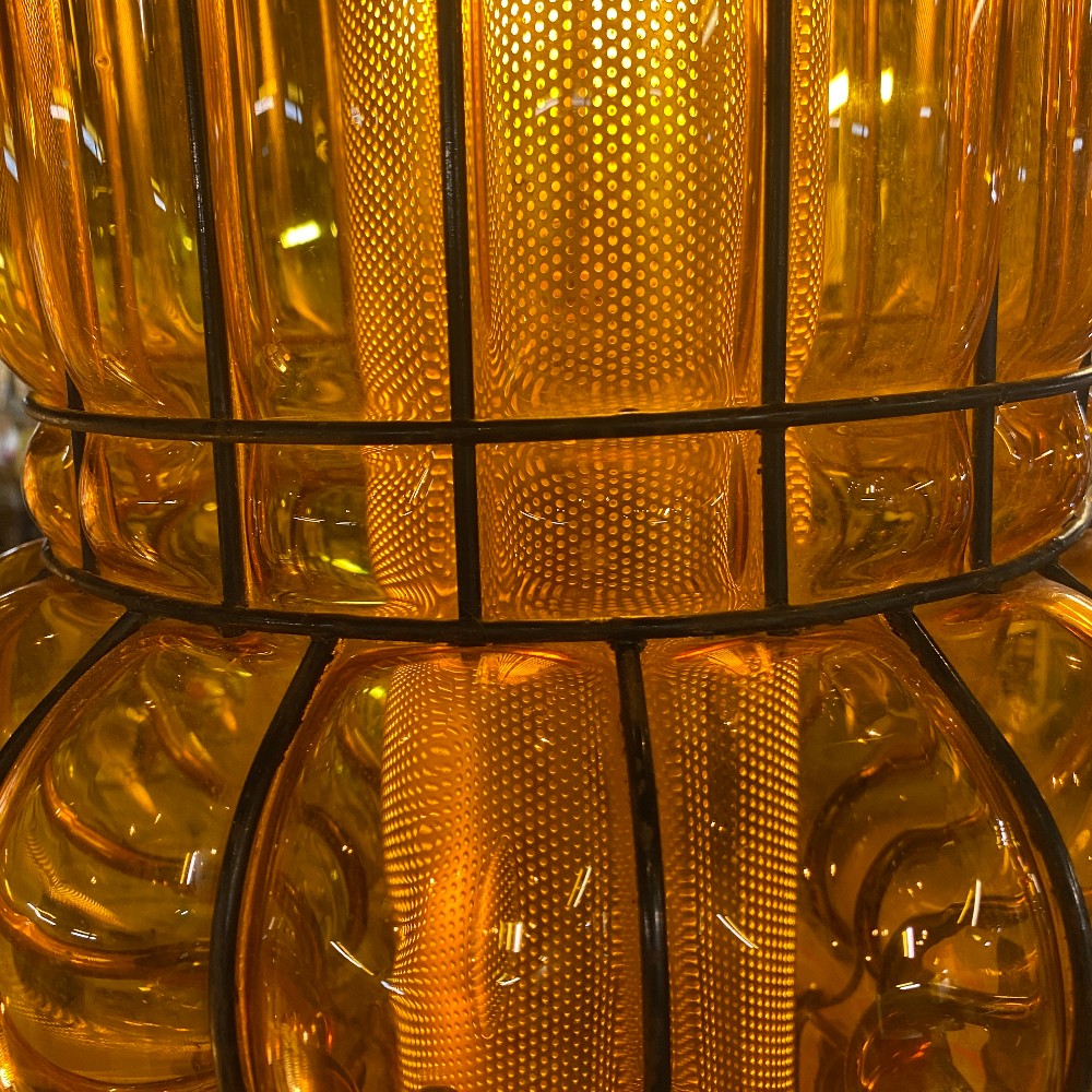 Caged Amber Blown Glass Swag Lamp