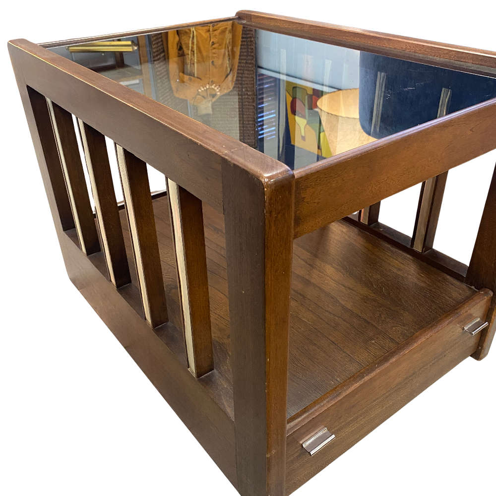 Wood & Chrome Accent Table with Smoked Glass & Drawer