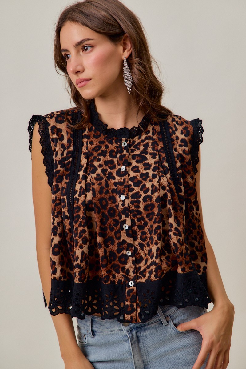 Leopard Button Up Pleated Sleeveless Blouse Top