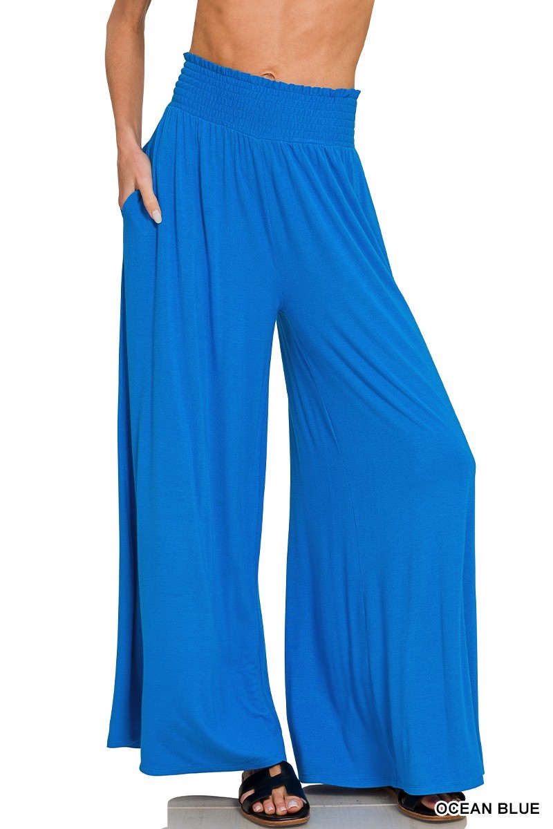 Smocked Waist Wide Leg Palazzo Pants - Blue