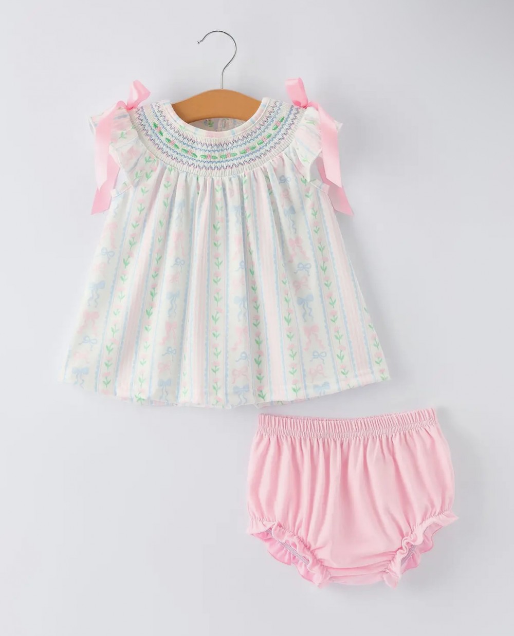 Stripe Smocked Pink Bow Baby Girls Bloomers Set