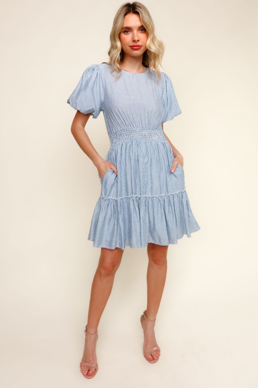 Bubble Sleeve Smock Tiered Stripe Dress