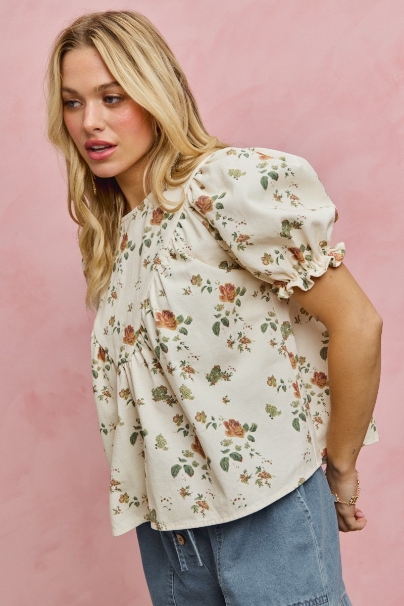 FLORAL ROSE PRINT DENIM SHORT SLEEVES TOP