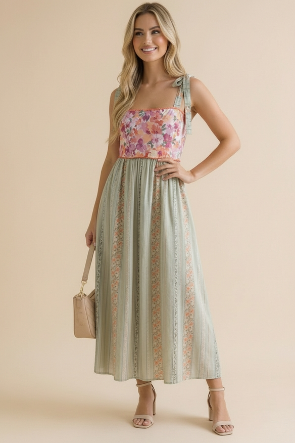 Floral Tube Tie Shoulder Woven Midi Dress - Coral