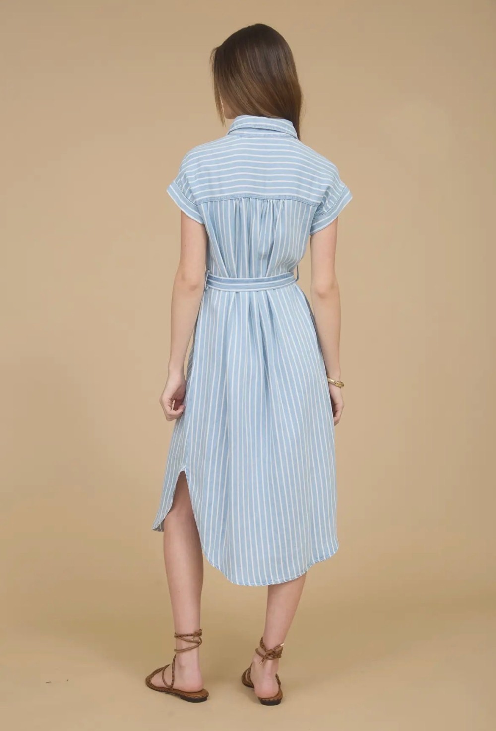 Stripe Chambray Collared Tie Belt Strap Midi Dress