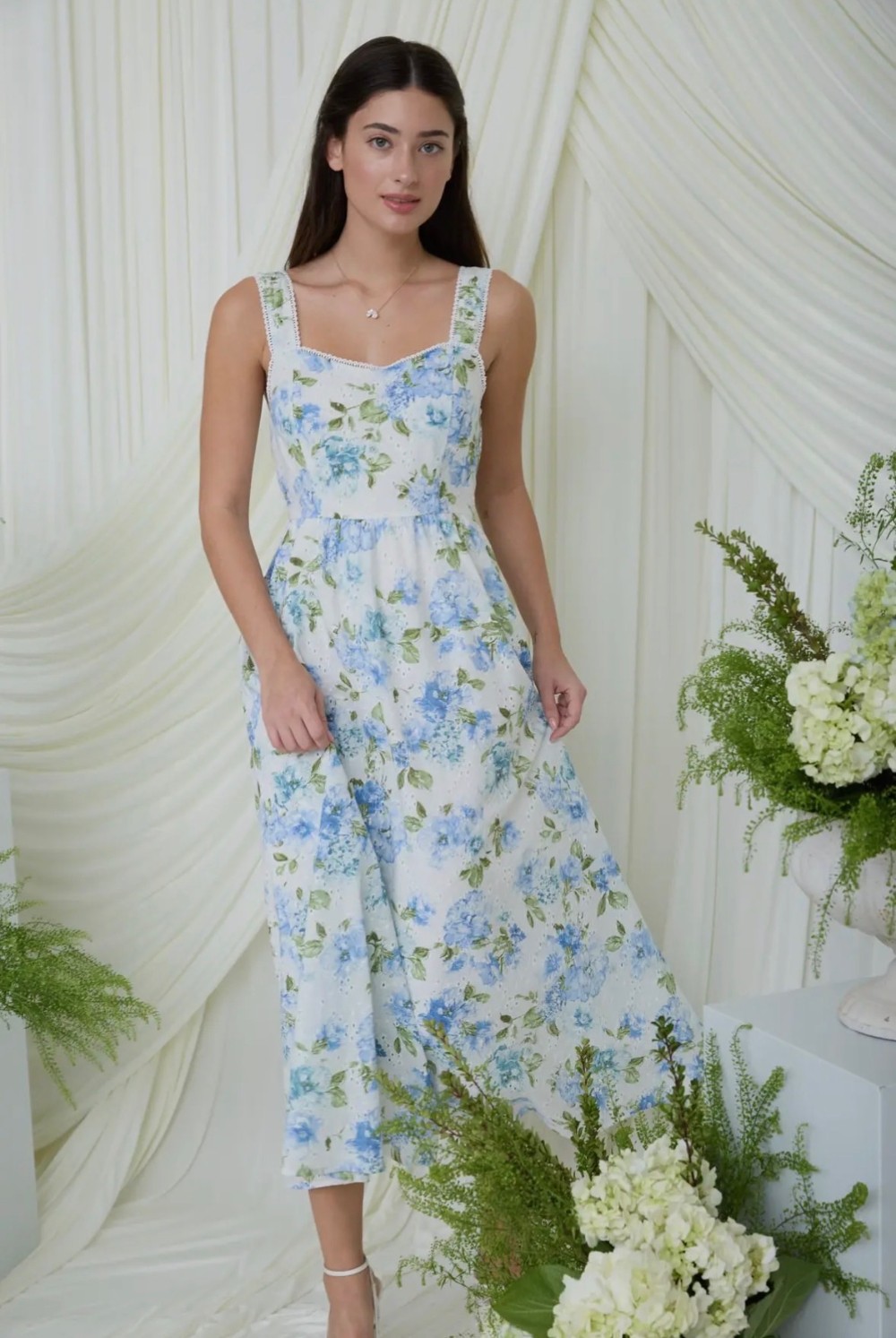 Floral Eyelet Pattern Scallop Lace Trim Midi Dress