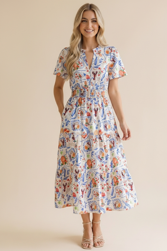 Notch Neck Smocked Waist Lobster Maxi Dress
