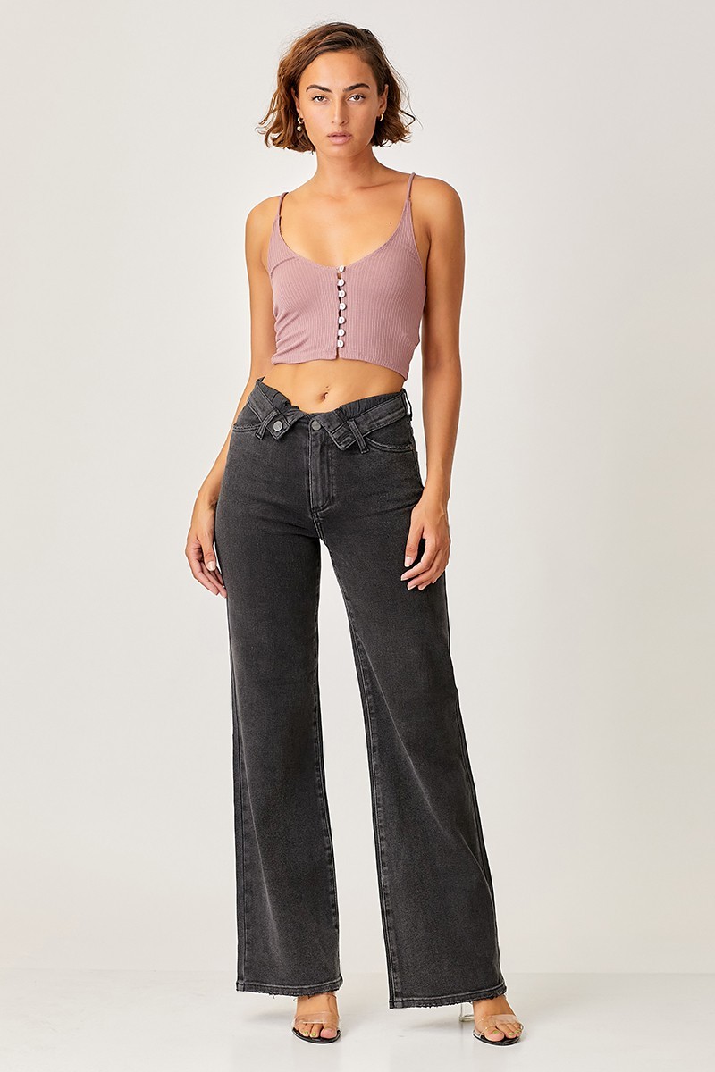 Mid Rise Flap Slim Wide Leg Jeans