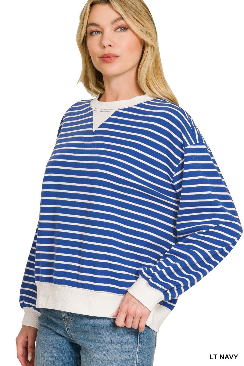 Striped Rib Banded Pullover - Navy