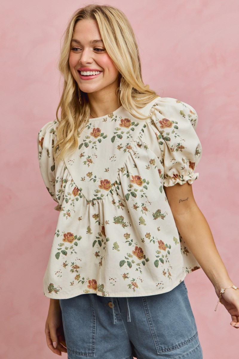 FLORAL ROSE PRINT DENIM SHORT SLEEVES TOP