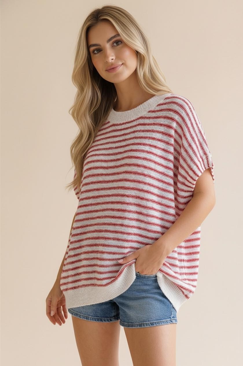 Dolman Short Sleeve Stripe Sweater Knit Top - Red