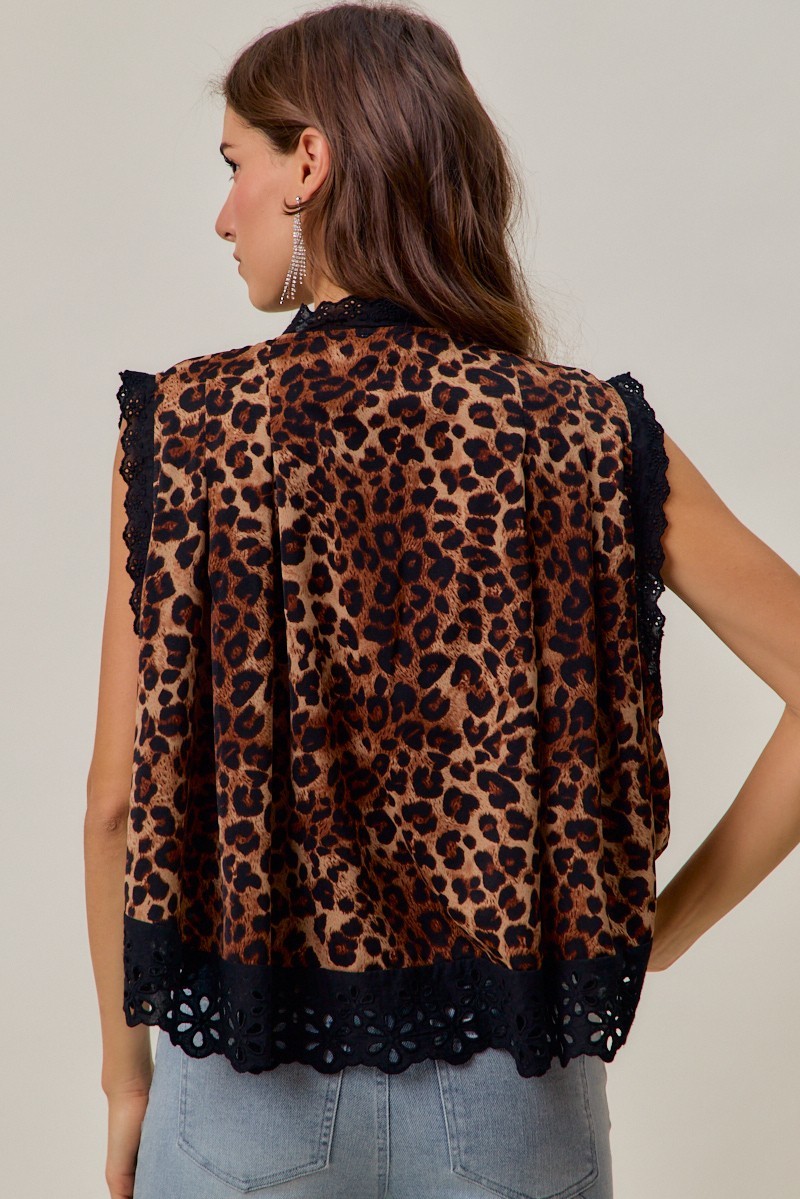 Leopard Button Up Pleated Sleeveless Blouse Top
