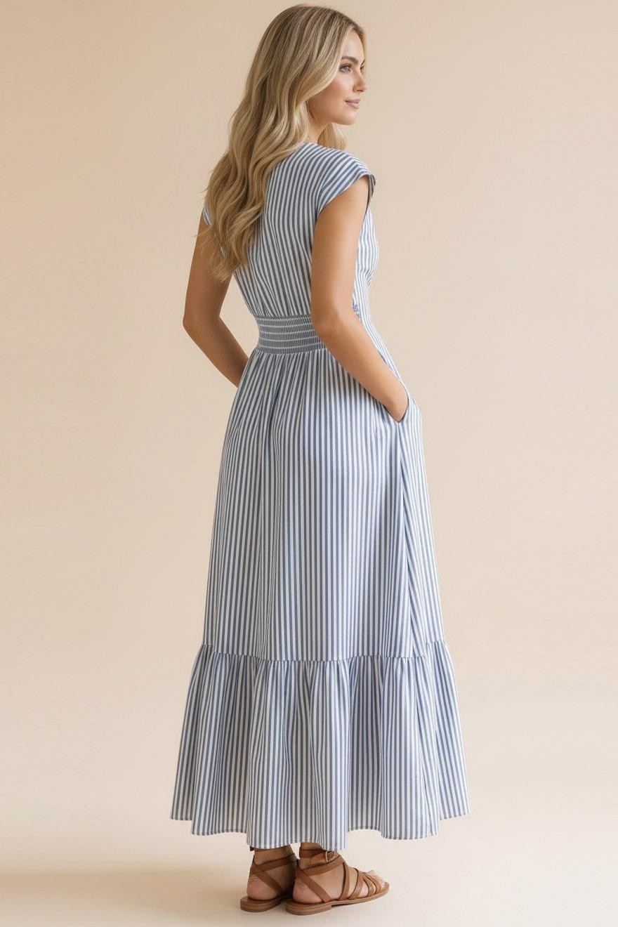 Pleated Back Smocked Waist Stripe Woven Maxi Dress