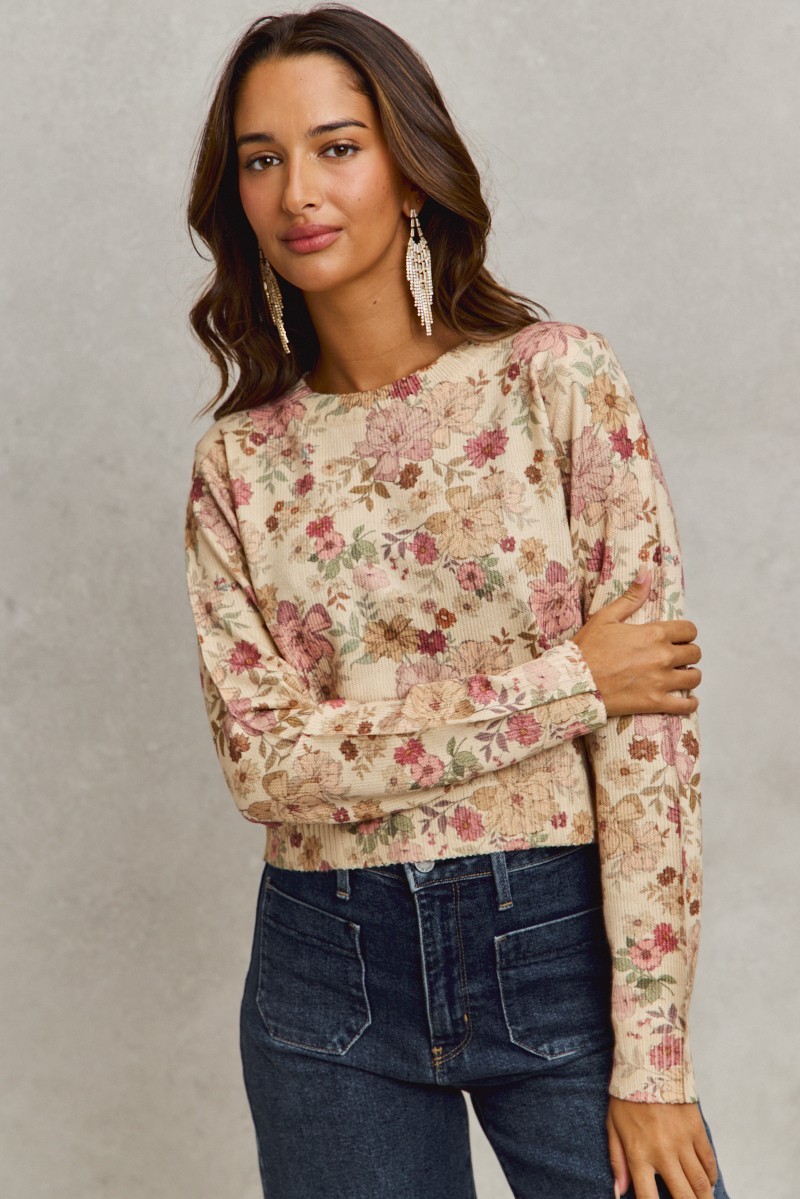 Floral Crew Neck Long Sleeves Sweater Knit Top