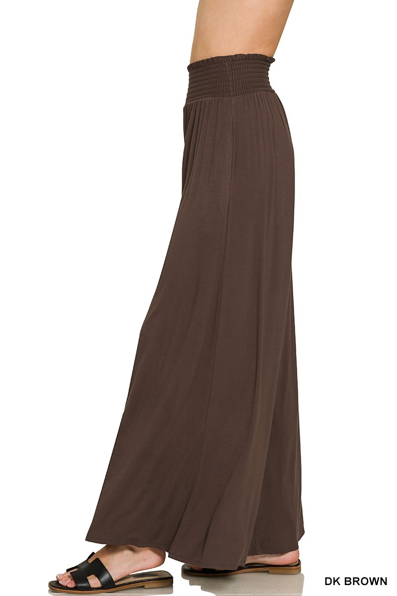 Smocked Waist Wide Leg Palazzo Pants - Dark Brown