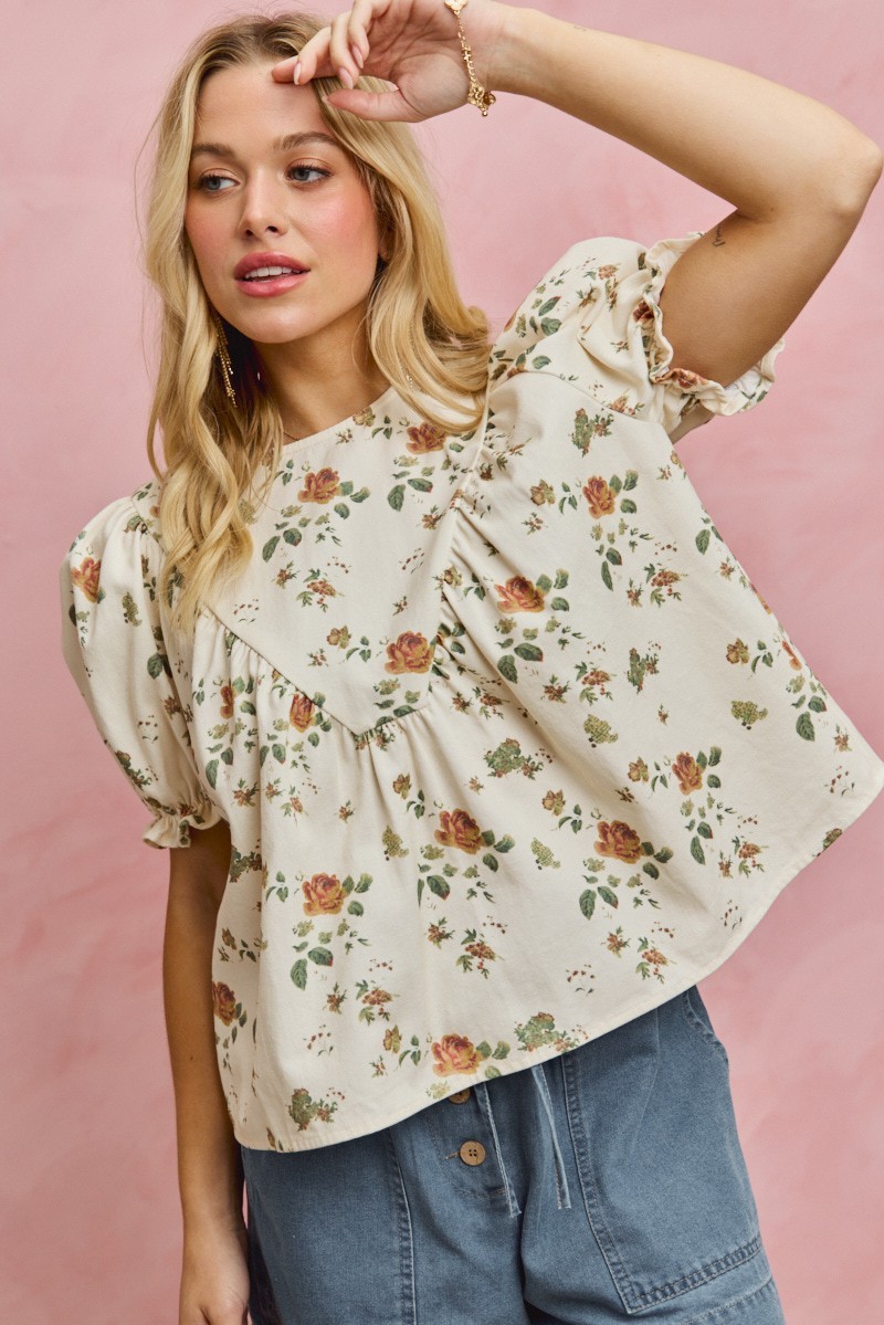 FLORAL ROSE PRINT DENIM SHORT SLEEVES TOP