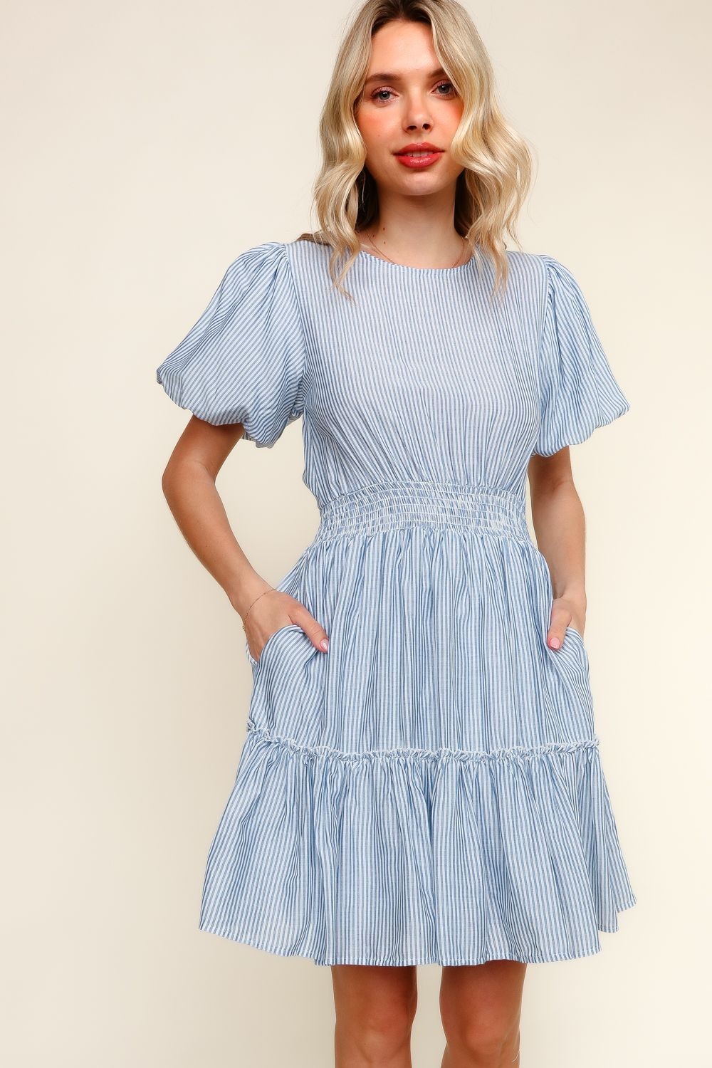 Bubble Sleeve Smock Tiered Stripe Dress