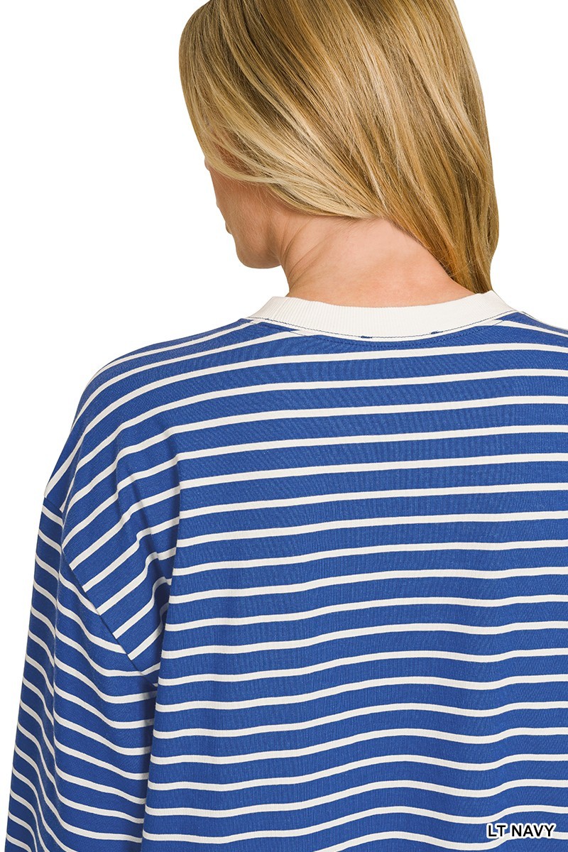 Striped Rib Banded Pullover - Navy