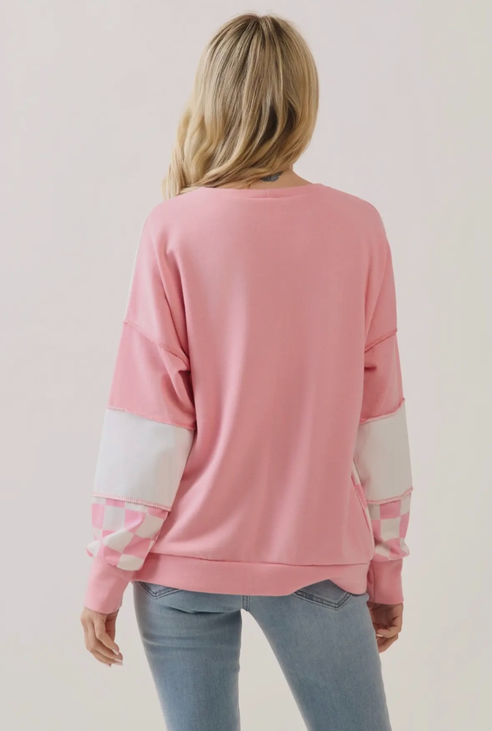Checkered Print Patchwork Pullover Top- Pink