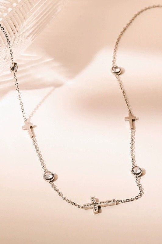 18K Stainless Steel Tarnish Free Cross Necklace - Silver