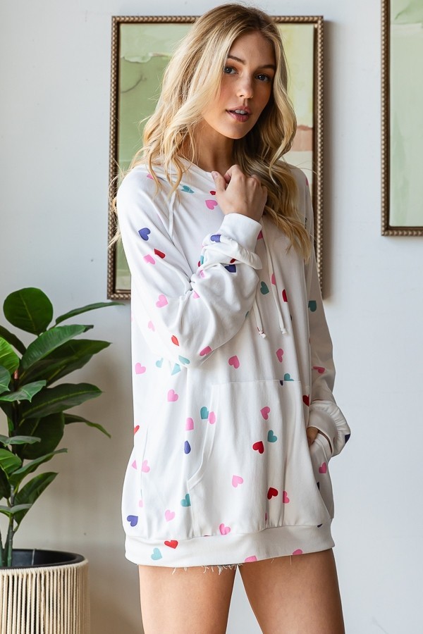 Heart Print Knit Hoodie Top