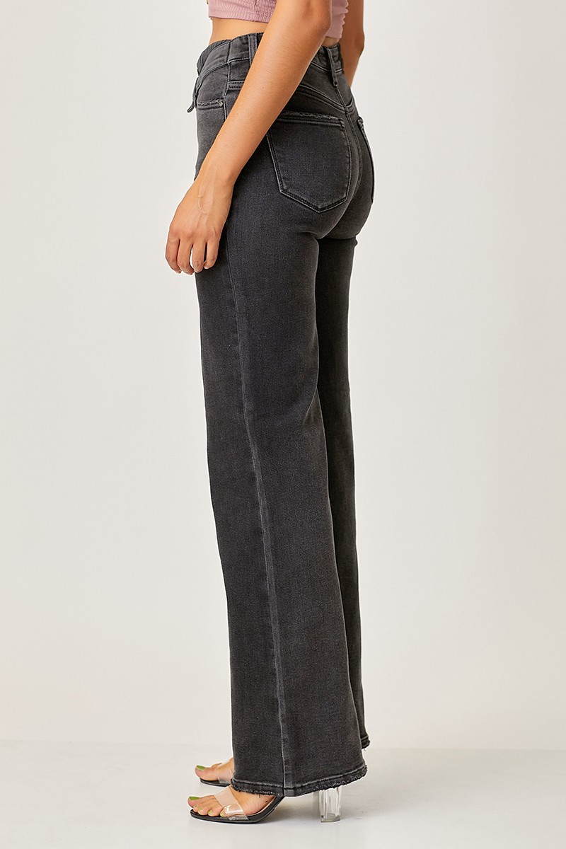 Mid Rise Flap Slim Wide Leg Jeans