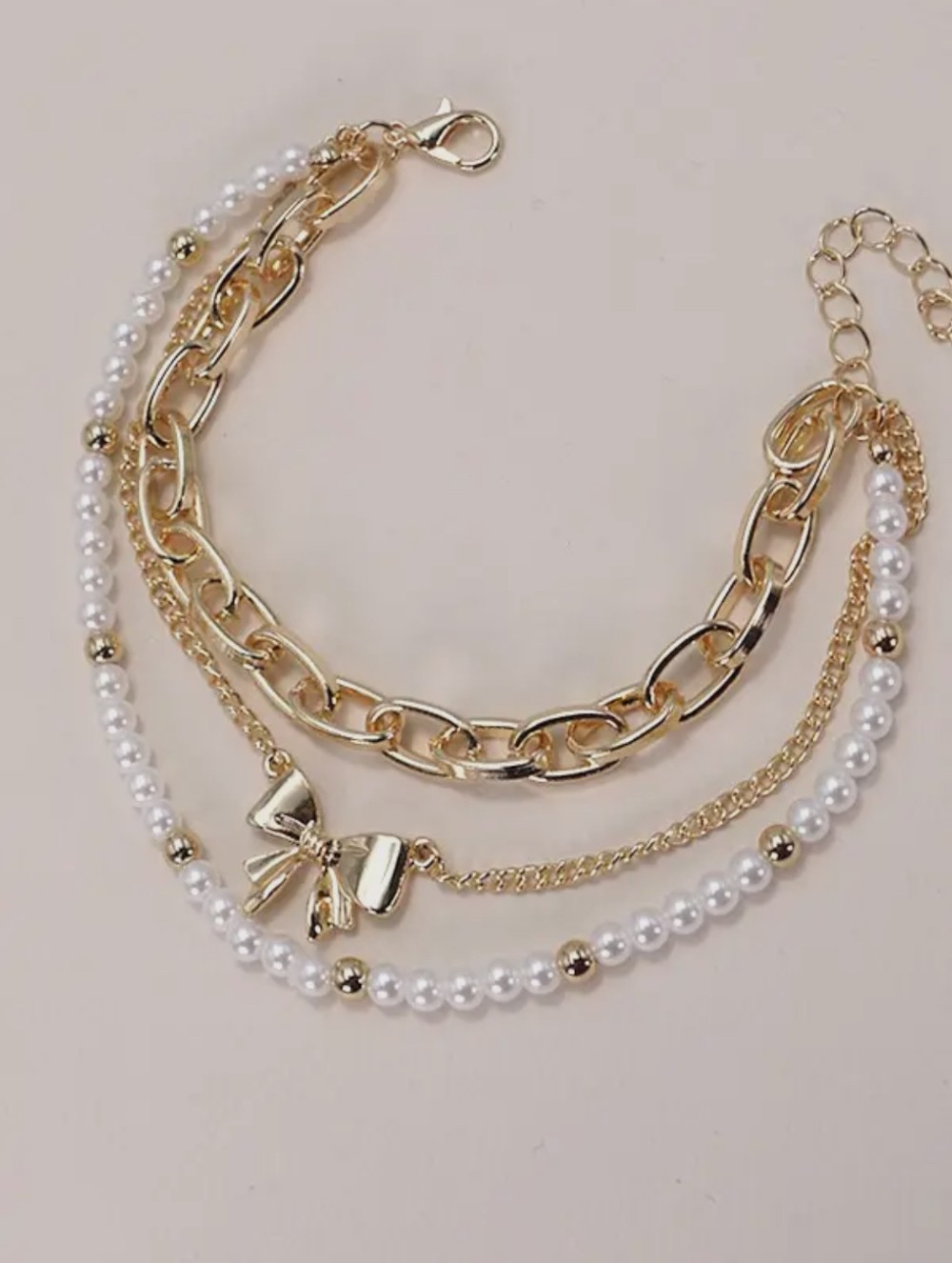 Bow Pearl Link Trio Set Bracelets