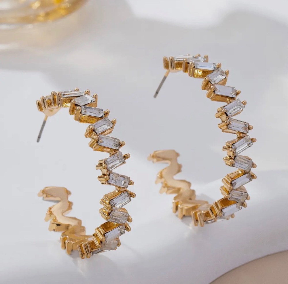 Baguette Crystal Zigzag Gold Hoop Earrings