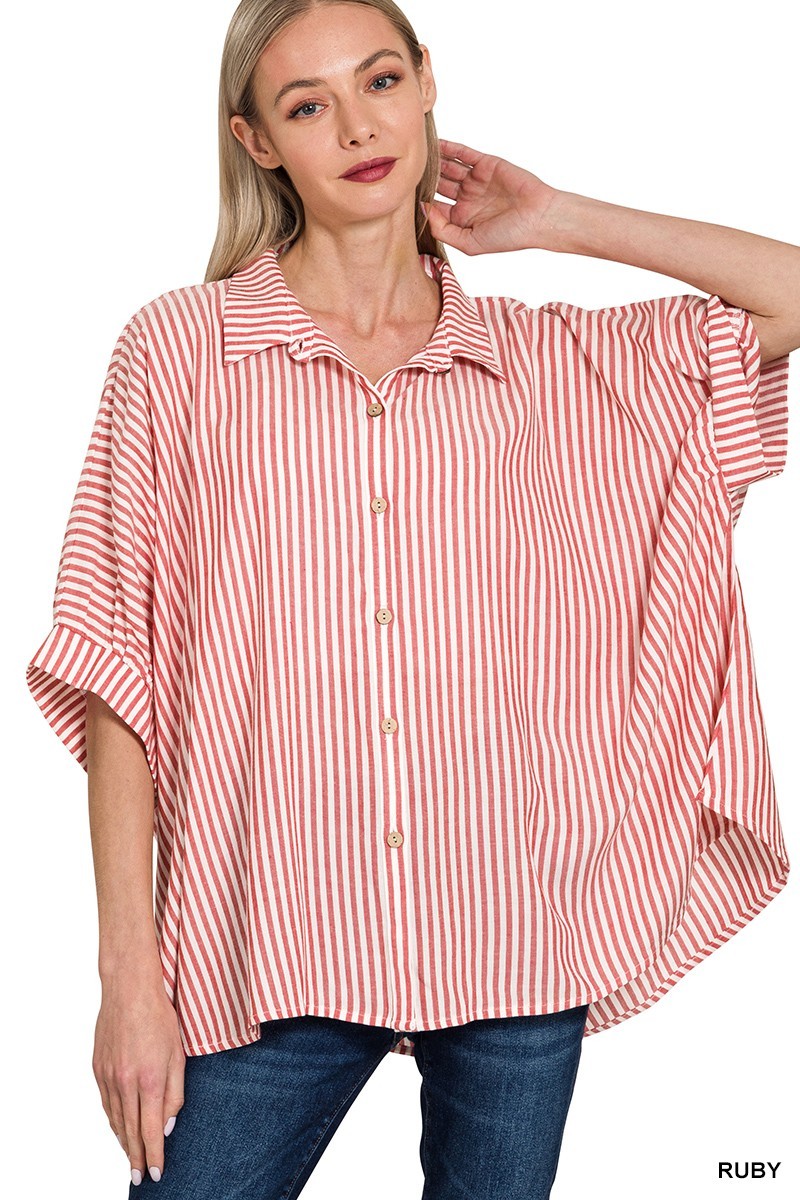 Rayon Striped Short Sleeve Button Up Shirt - Ruby