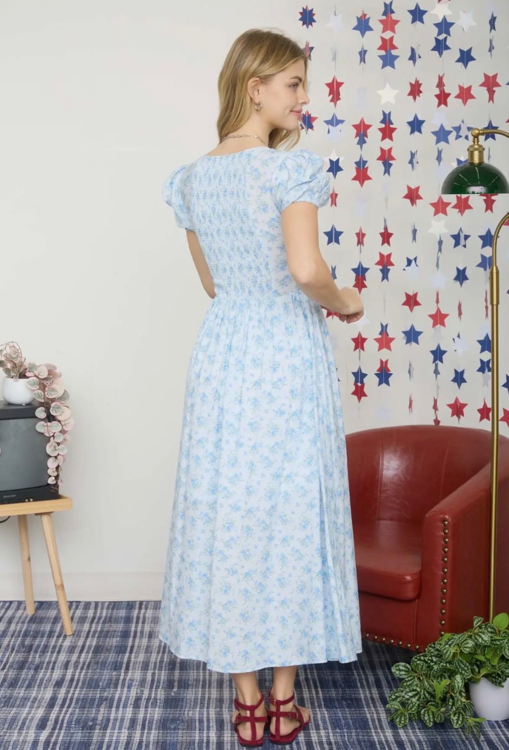 Floral Puff Sleeve V Neck Corset Detail Midi Dress