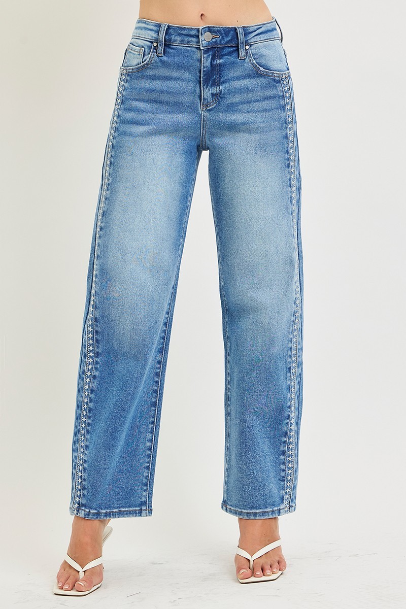 RISEN High Rise Ankle Barrel Embo Detailed Jeans