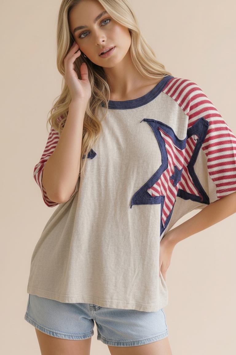 Oversized Star Patch Stripe Color Block Top