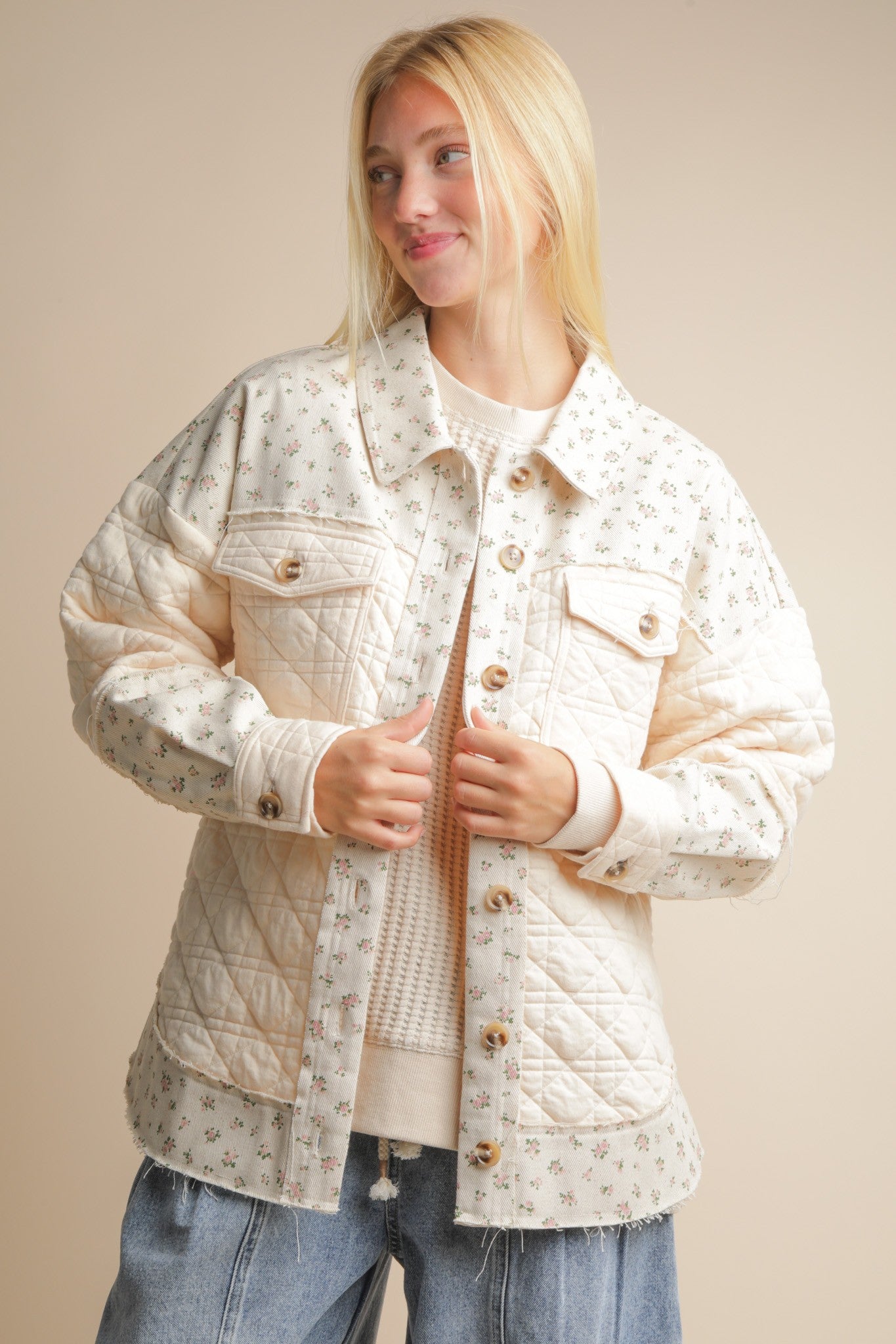Oversized Floral Printed Contrast Cotton Jacket