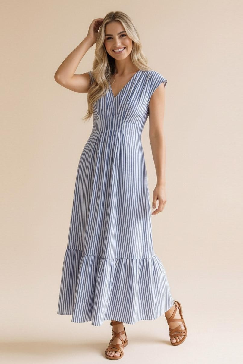 Pleated Back Smocked Waist Stripe Woven Maxi Dress
