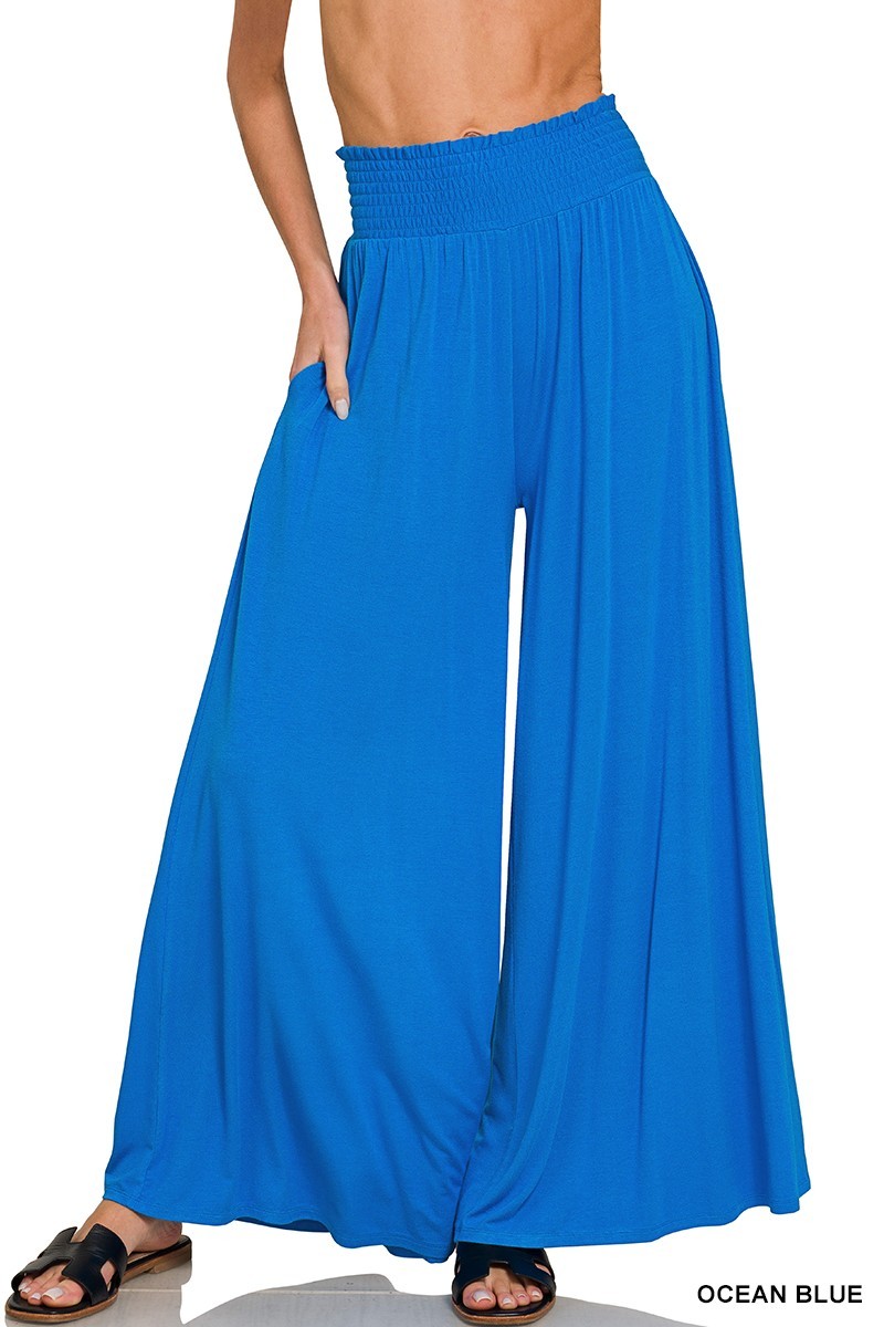 Smocked Waist Wide Leg Palazzo Pants - Blue