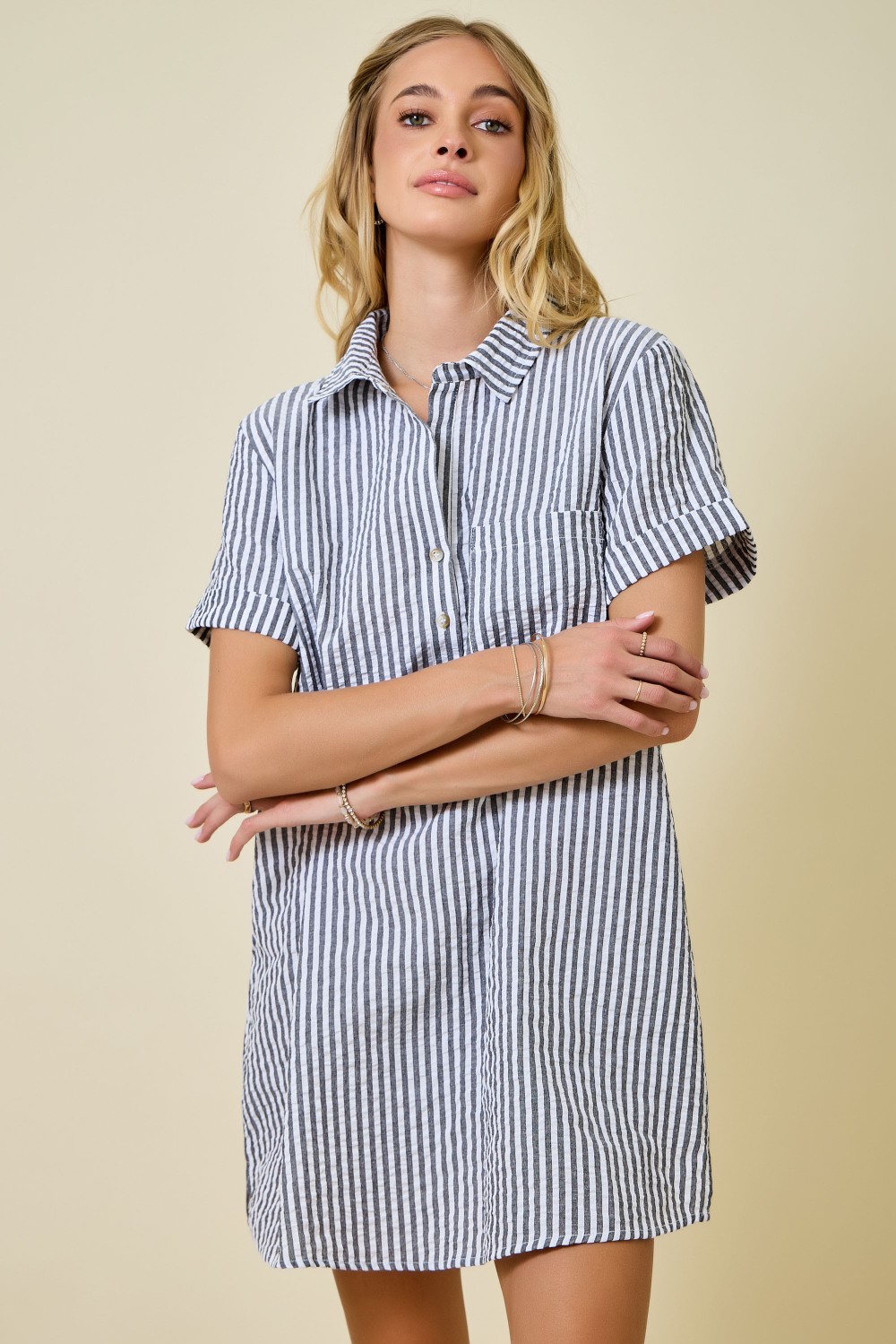 Striped Seersucker Easy Shirt Dress W/ Pockets - Black