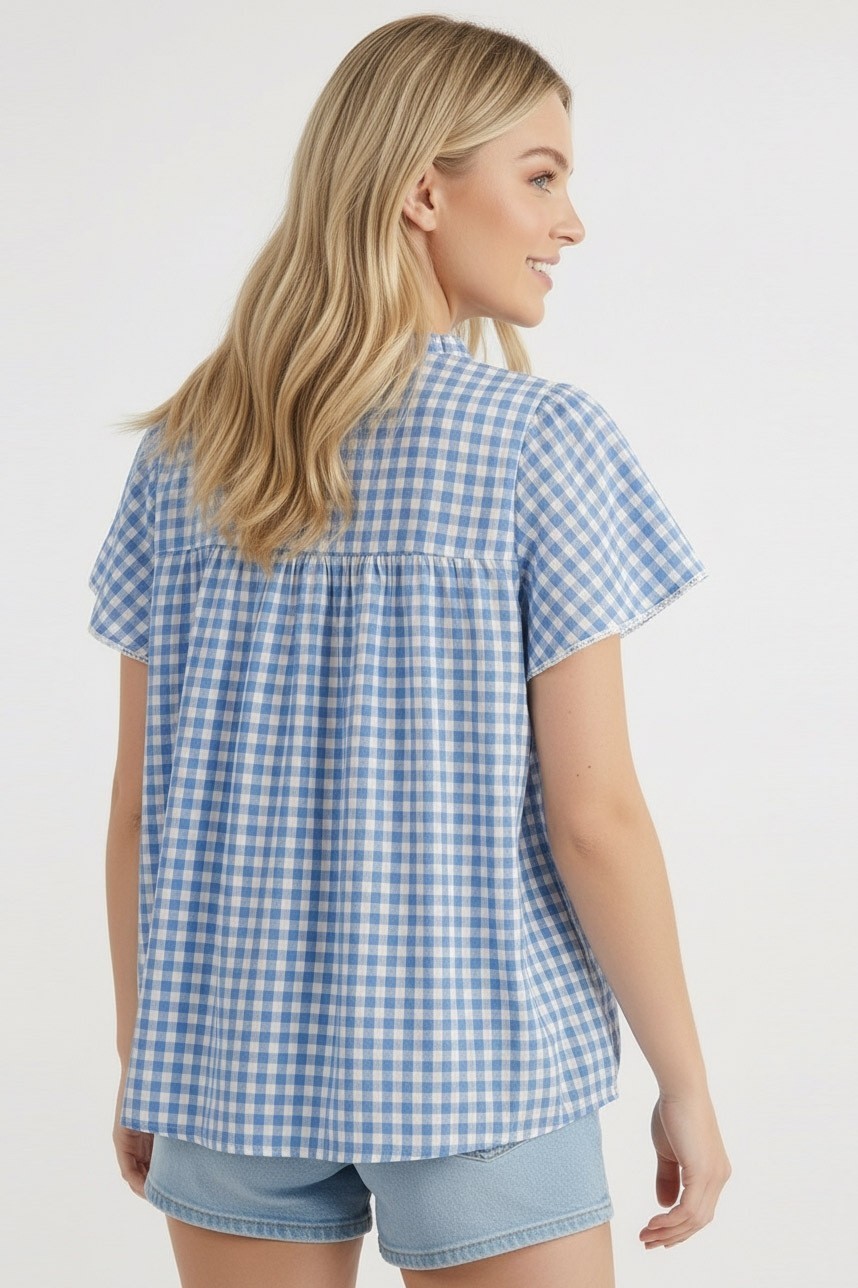 Frill Neck Gingham Crochet Lace Blouse