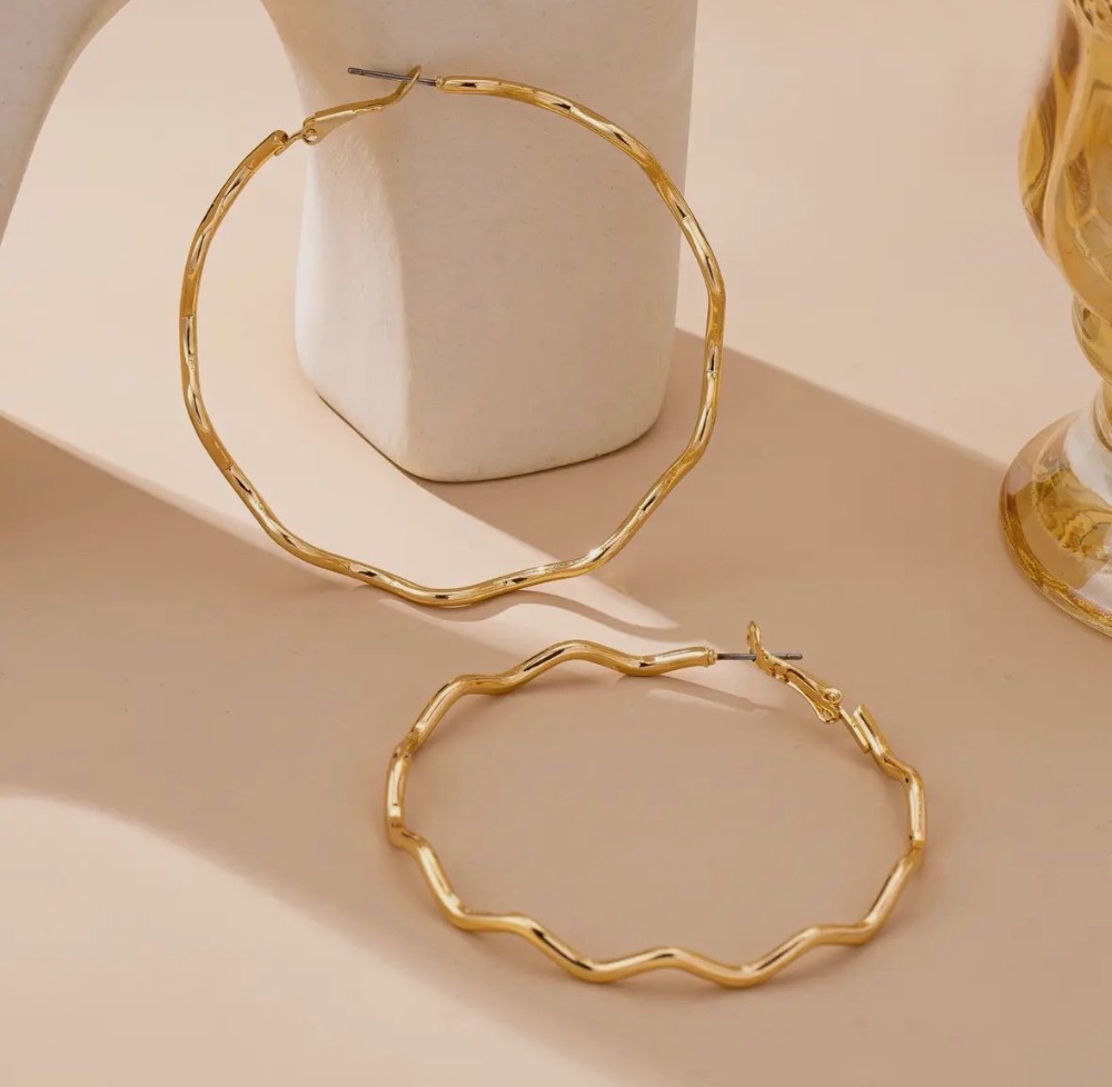 Oversized Hammered Gold Wavy Hoop Earrings