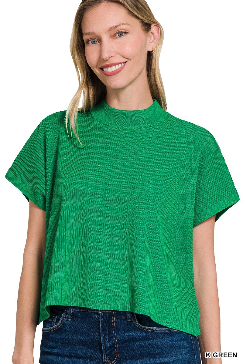Viscose Mock Neck Short Sleeve Boxy Sweater - Green
