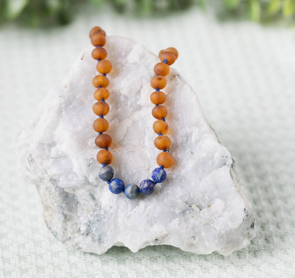 Lapis Lazuli + Raw Cognac Amber Necklace 12-13in