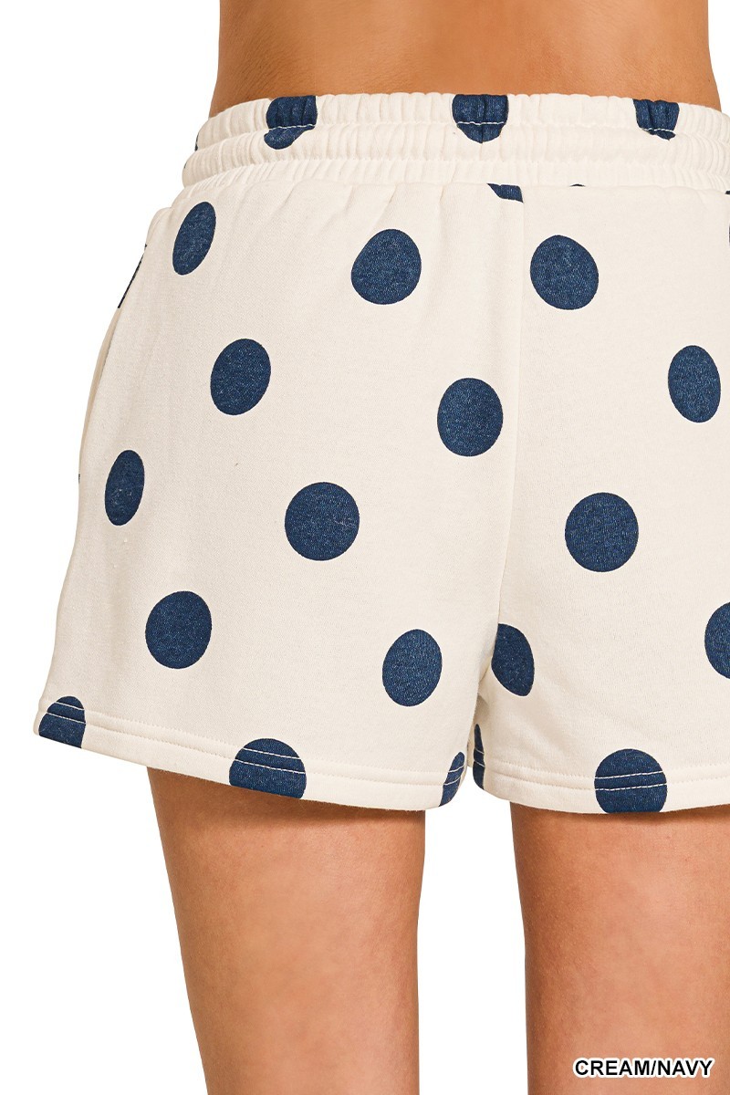 Fleece Polka Dot Print Round Neck Pullover & Shorts Set - Cream/Navy